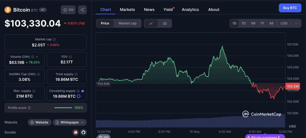 نمودار قیمت و اطلاعات بازار بیت کوین - منبع: CoinMarketCap